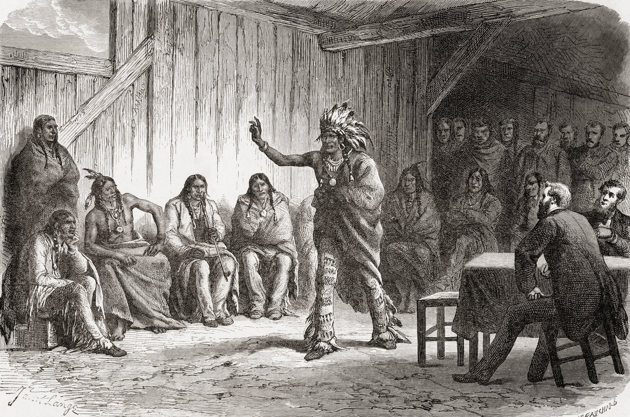 Dente de urso-chefe do índio Crow no grande conselho de paz em Fort Laramie, 12 de novembro de 1867, ilustração de &39;O mundo nas mãos&39;, gravado por Gauchard, publicado em 1878 (gravação) de Ange Louis Janet