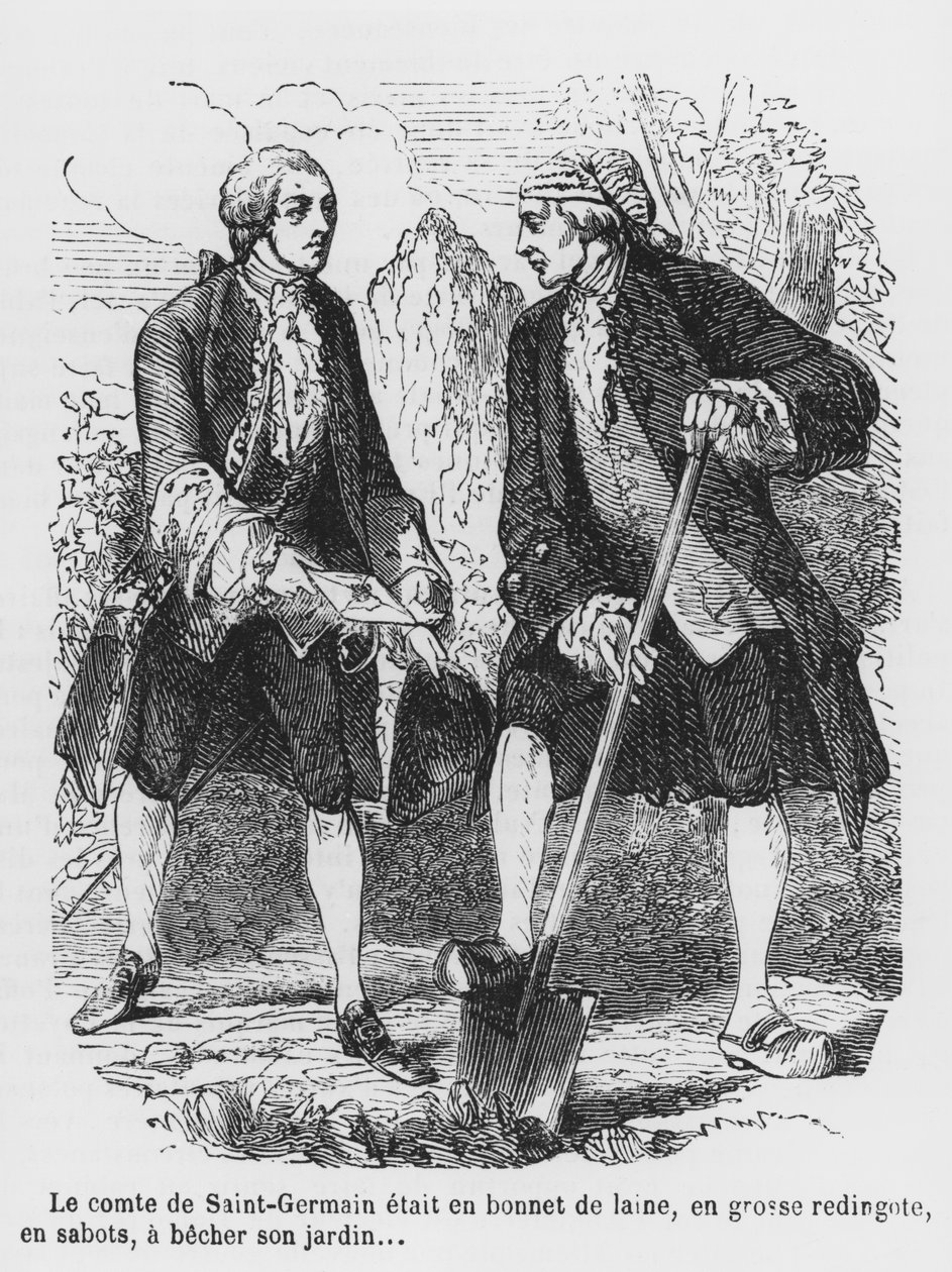 Conde de St. Germain cavando em seu jardim, ilustração de &39;Crônicas do olho de boi sob Luís XIV&39; por Georges Touchard-Lafosse, edições Gustave Barba, Paris, meados do século XIX de Ange Louis Janet