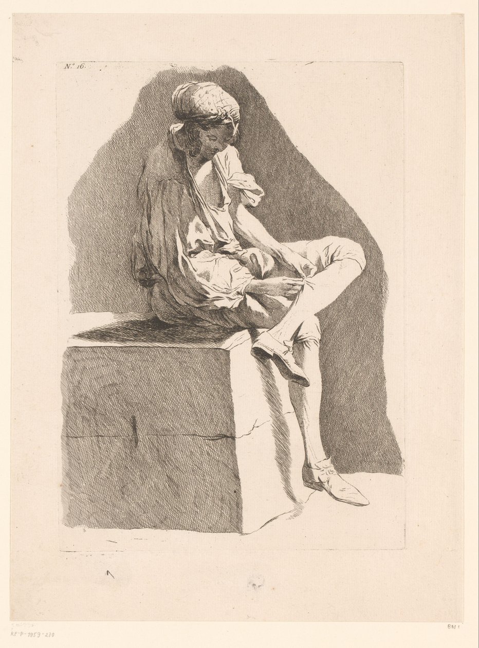 Caricatura de um menino costurando sua meia Caricaturas após J. Saly (título da série) Recueil de caricatures dessinées Par J. Saly et Gravées par A.L. De Lalive D.J. (título da série) de Ange Laurent de, marquis de Rémoville Lalive