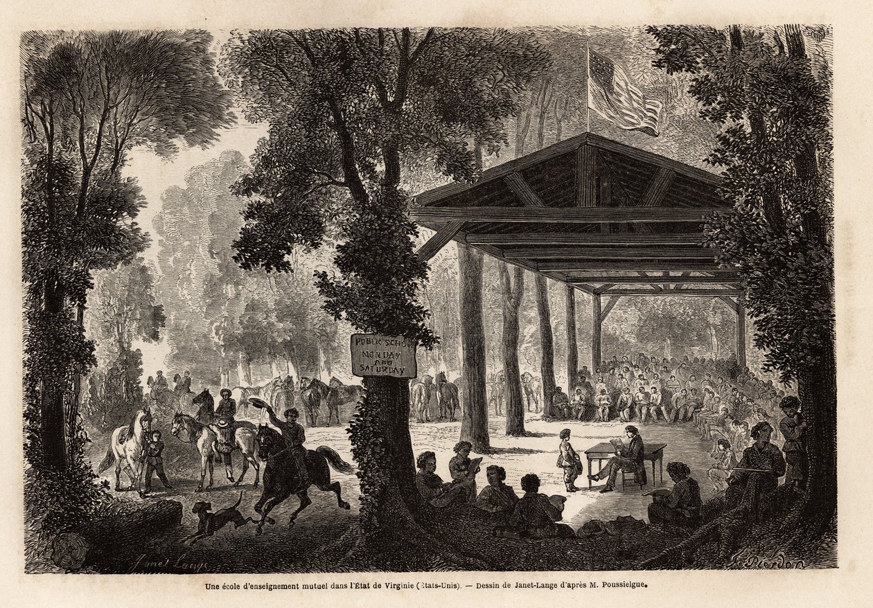 Uma escola de educação mútua, num bosque da Virgínia (Estados Unidos), desenhada por Janet Lange, para ilustrar uma visita à caverna de Mammoth, Kentucky, em 1859, por M. Pousselgue. Gravura em "Le tour du monde", editado por Edouard Charton de Ange Louis Janet
