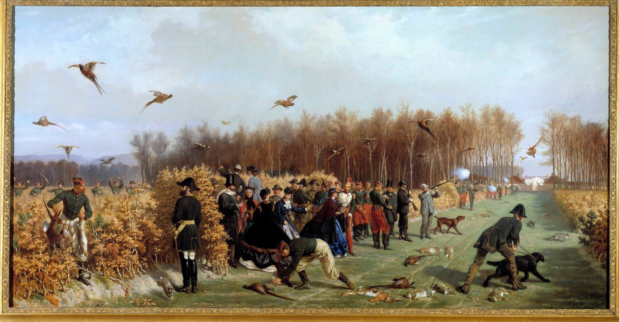 Caçando um tiroteio no faisanderie Pintura de Ange-Louis Janet Lange (1815-1872) Sol do século XIX. 1,1x1,9 m. Compiegne, museu do castelo de Ange Louis Janet