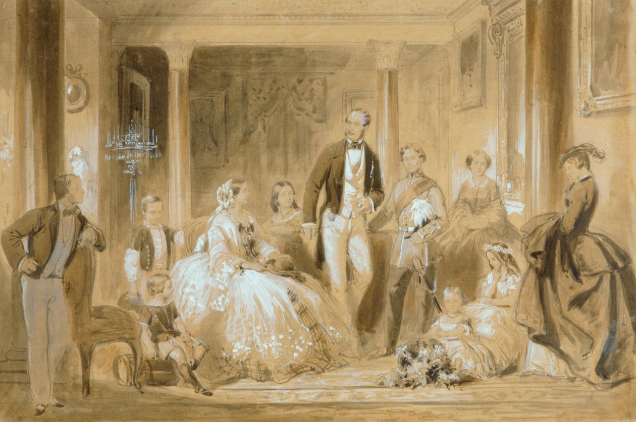 Família Real na Sala de Jantar na Osborne House (lápis com lavagem em papel) de Ange Louis (1815 72) Janet
