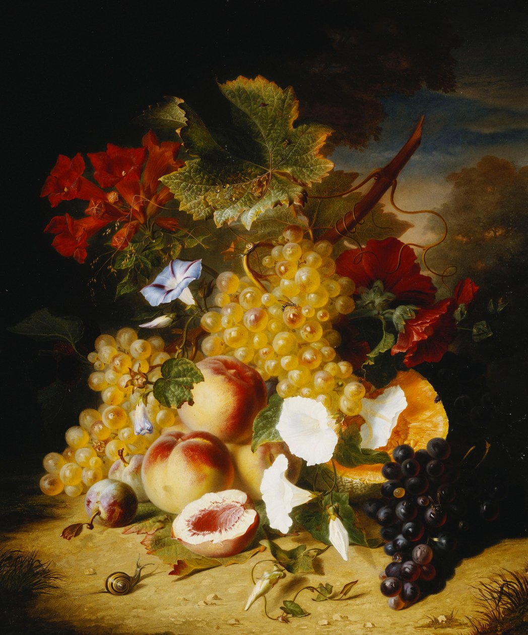Pêssegos, Uvas, Melão, Convulvuli e Outras Flores na Paisagem, de Ange Louis Guillaume Lesourd Beauregard