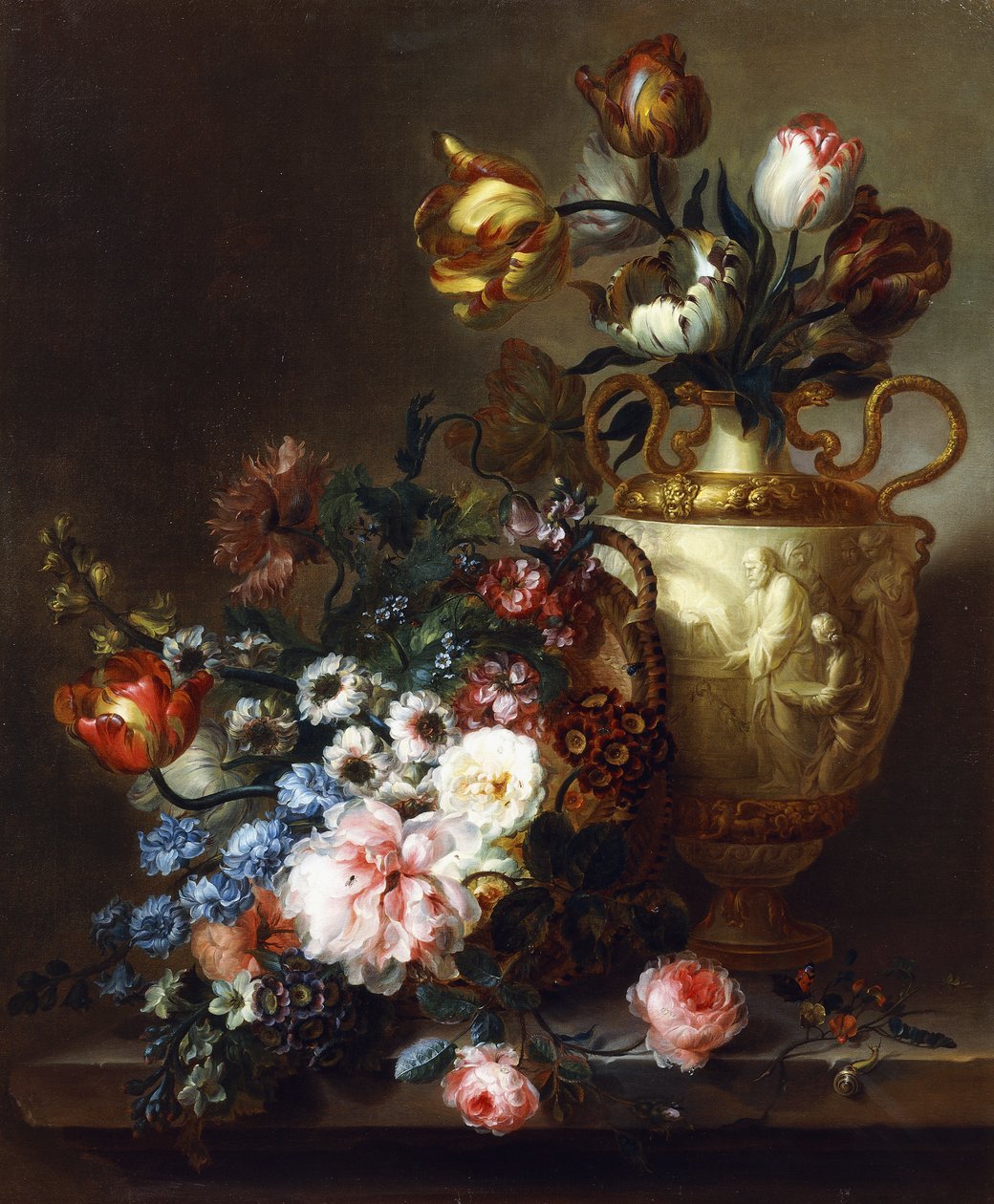 Tulipas em um vaso e rosas em uma cesta em uma borda de pedra, de Ange Louis Guillaume Lesourd Beauregard