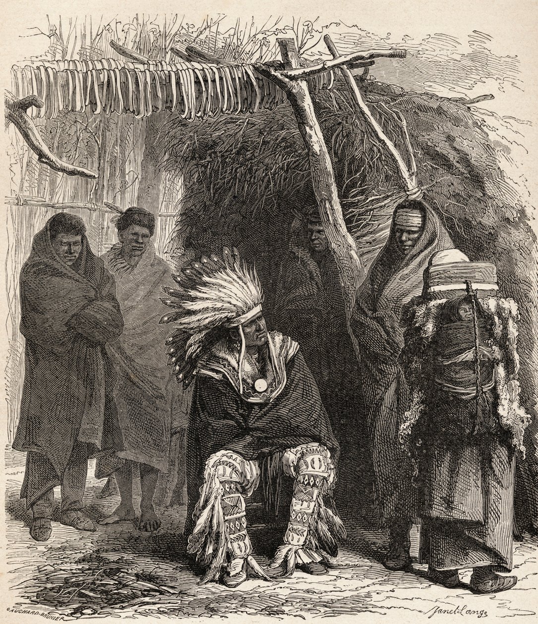 Peter La Cherre, ilustração de "O mundo nas mãos", gravada por Gauchard-Brunier, publicado em 1878 de Ange Louis Janet