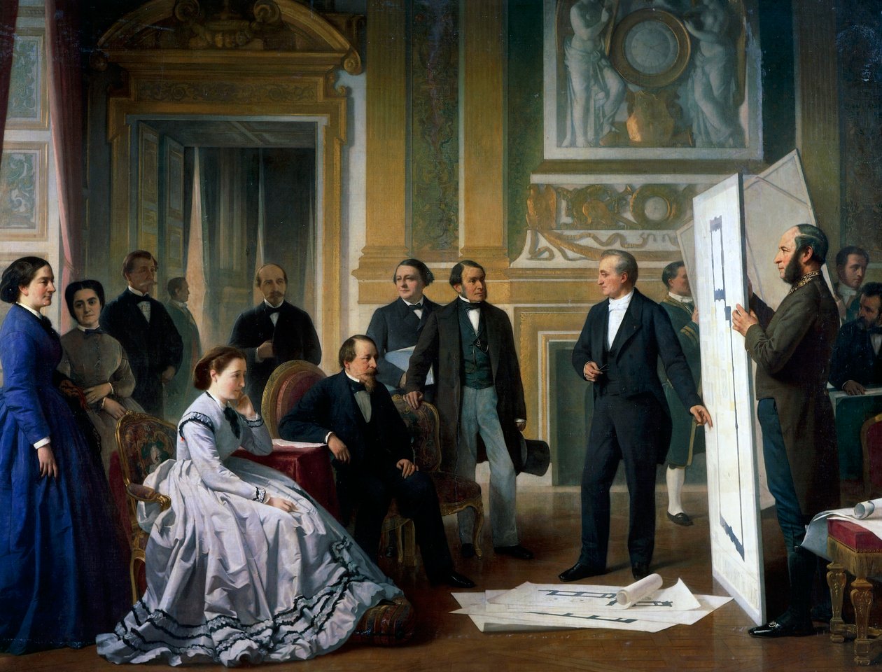 O arquiteto apresentando os novos planos para o Louvre a Napoleão III e Eugenie de Ange Tissier