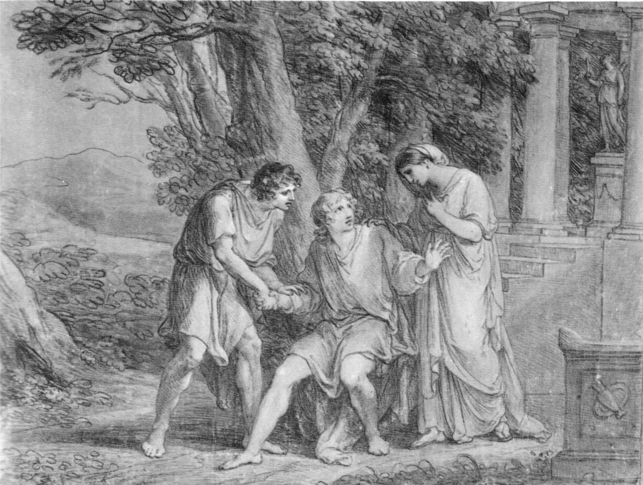 Ato três, cena três da Ifigênia de Goethe em Tauris. Desenhando. Première da versão final do jogo em Weimar em 1802. Goethe, jogando Orestes, sentado no centro de Angelica Kauffmann