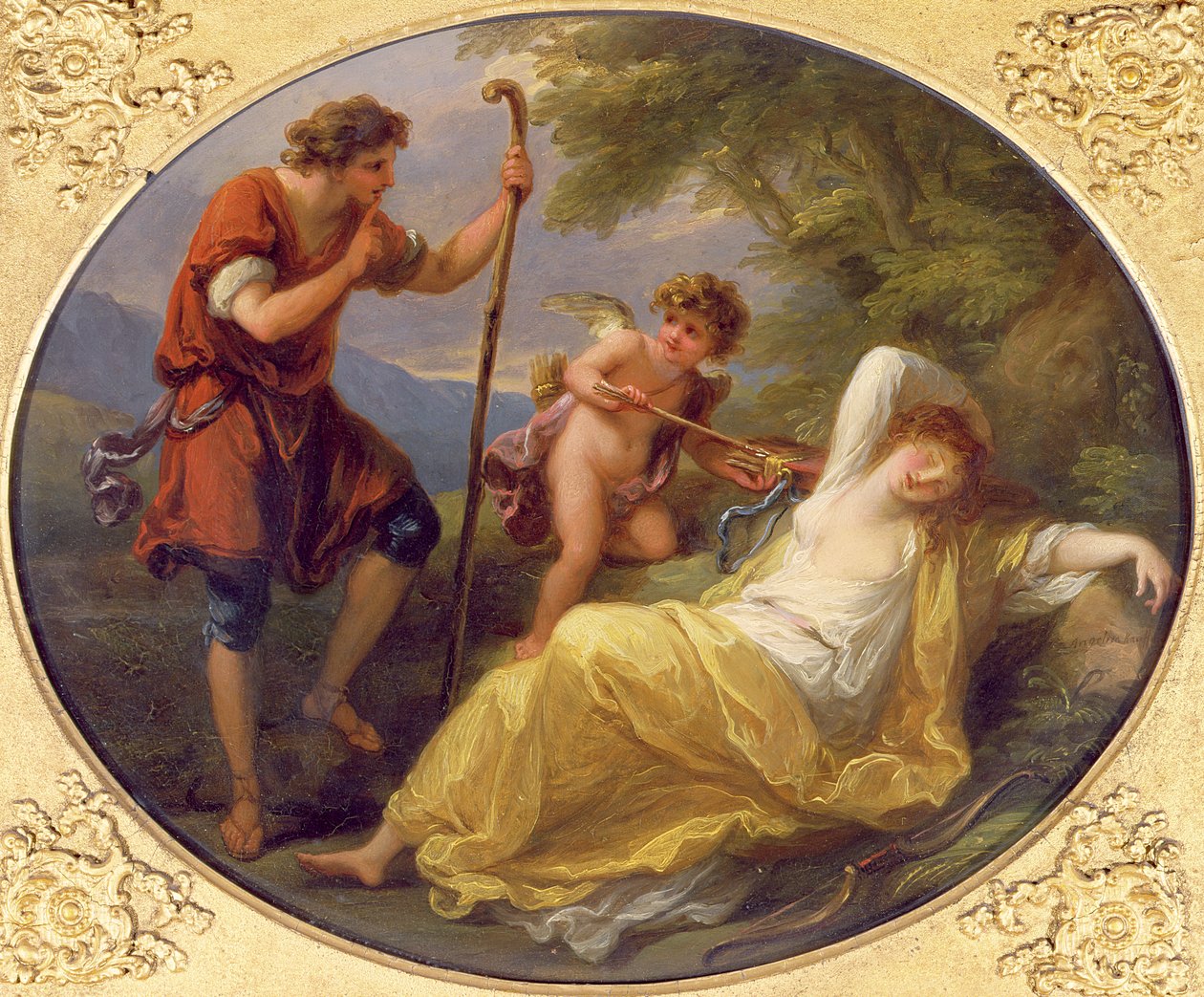Uma Ninfa Adormecida observada por um pastor, 1780 (óleo sobre cobre) de Angelica Kauffmann