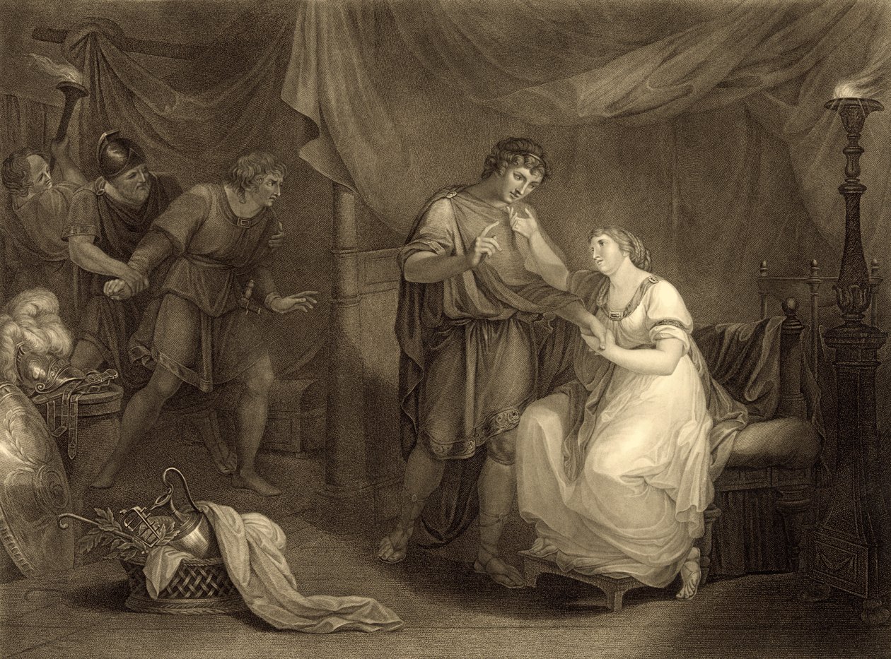 Na tenda de Calchas, Ato V, Cena II, de &39;Troilus e Cressida&39; de William Shakespeare (1564-1616) gravado por Luigi Schiavonetti (1765-1810) de Angelica Kauffmann