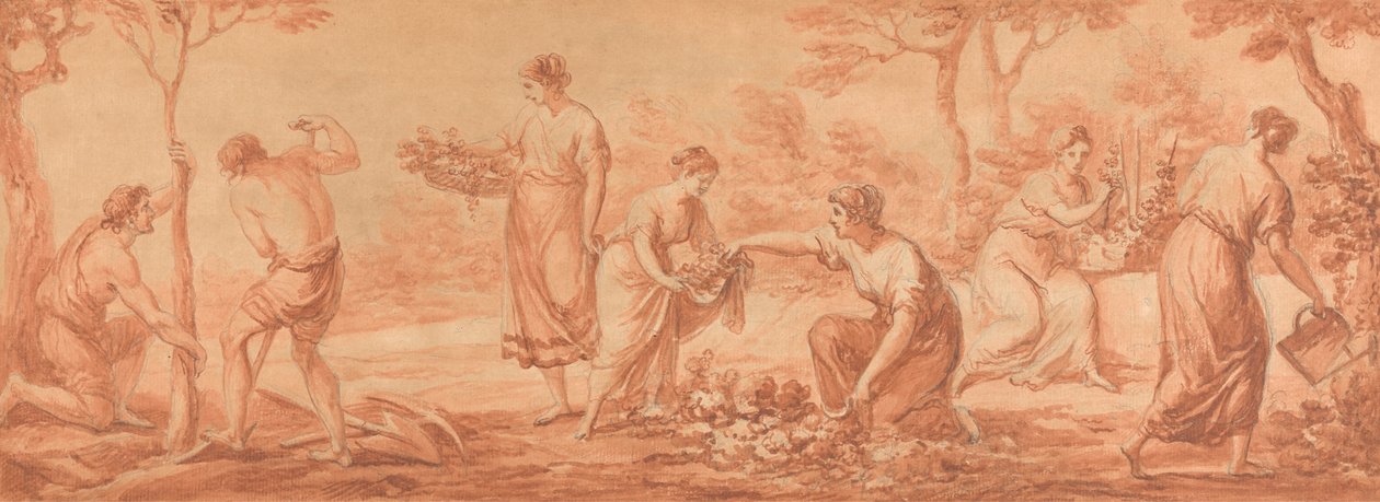 Um friso: Homens a plantar árvores, mulheres a colher flores e a regar flores de Angelica Kauffmann