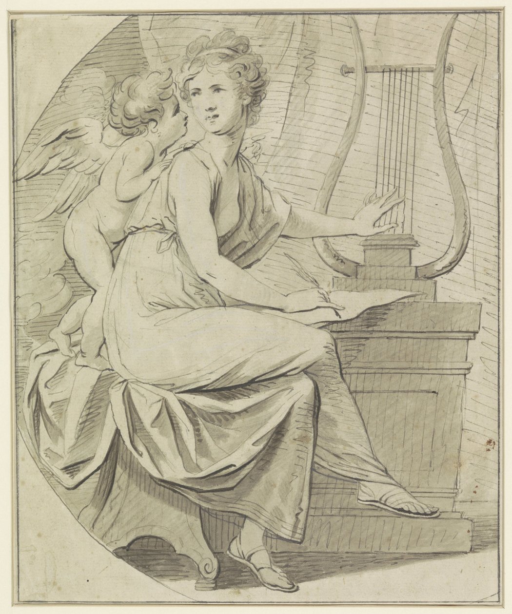 O Amor inspira uma jovem mulher, esgalhando uma lira com uma mão, e escrevendo com a outra de Angelica Kauffmann