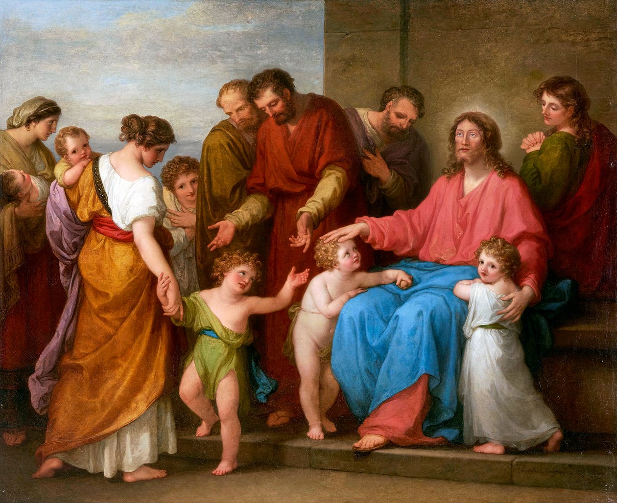 Jesus Cristo benissant les enfants (laissez venir a moi les petits enfants) - Cristo Abençoando as Crianças (Deixe as criancinhas vir até mim) - Angelika Kauffmann (1741-1807). Óleo sobre tela de Angelica Kauffmann