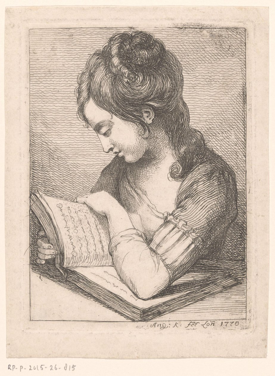 Jovem lendo em uma mesa, apoiando o cotovelo em um livro de Angelica Kauffmann