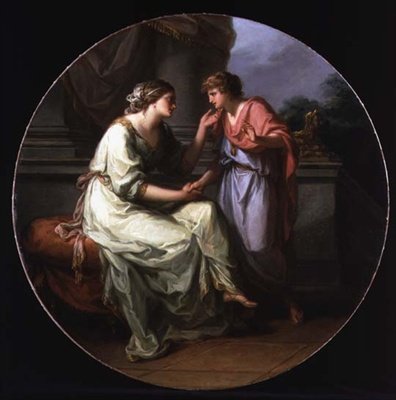 Papirius Pratextatus Criado por sua Mãe para revelar os segredos das deliberações do Senado Romano (óleo sobre tela) de Angelica Kauffmann
