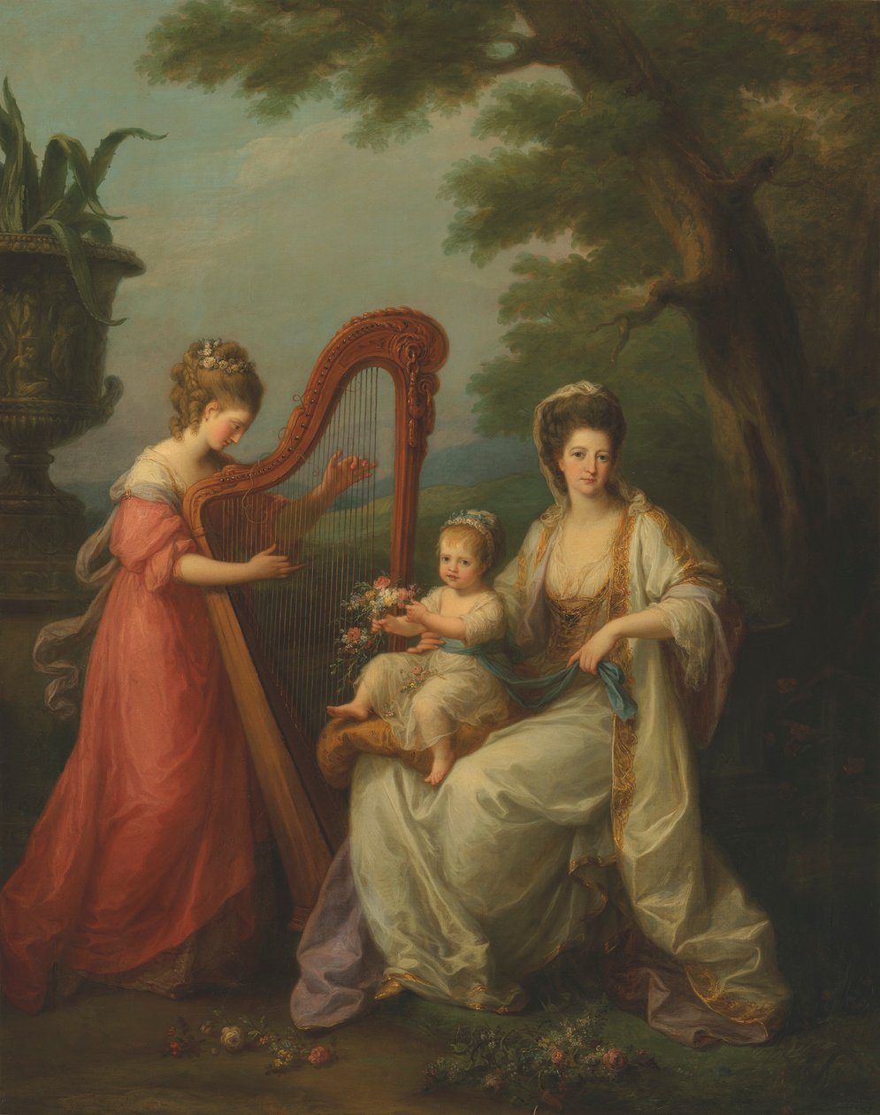 Retrato de Lady Elizabeth Smith-Stanley, Condessa de Derby, com o seu filho Edward, mais tarde 13º Conde de Derby, e a sua meia-irmã, Lady Augusta Campbell, a tocar harpa de Angelica Kauffmann