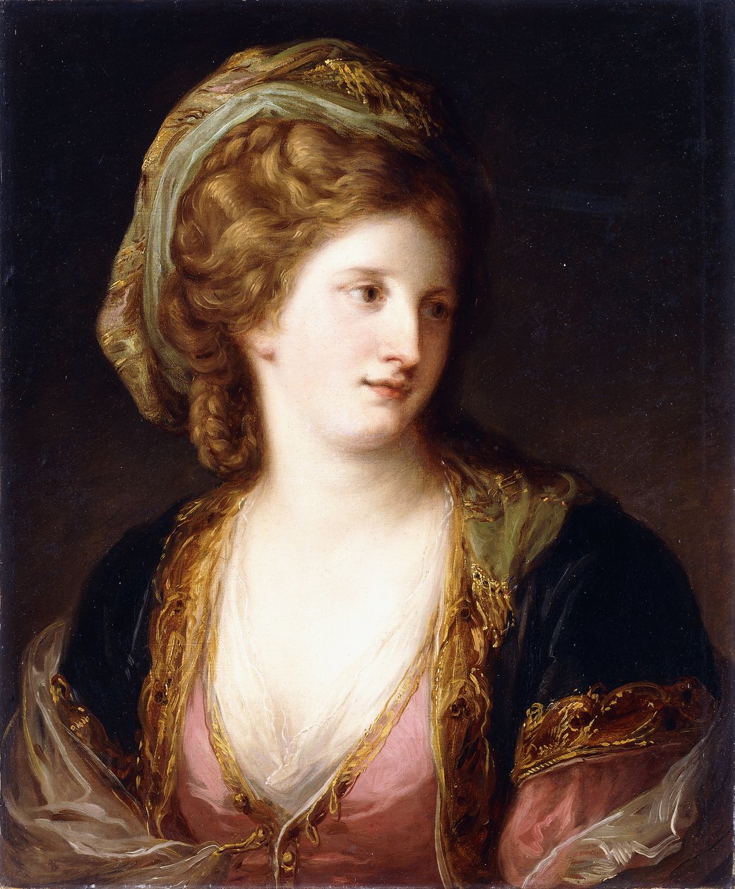 Retrato do artista, comprimento do busto, vestindo um vestido rosa e uma túnica azul bordada a ouro, 1767 de Angelica Kauffmann
