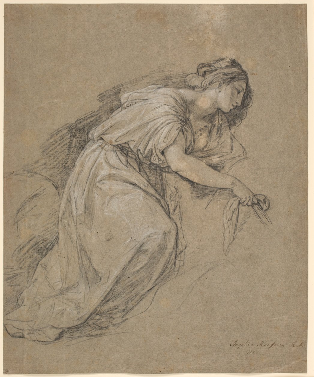 Estudo da vida de uma mulher ajoelhada em perfil de Angelica Kauffmann