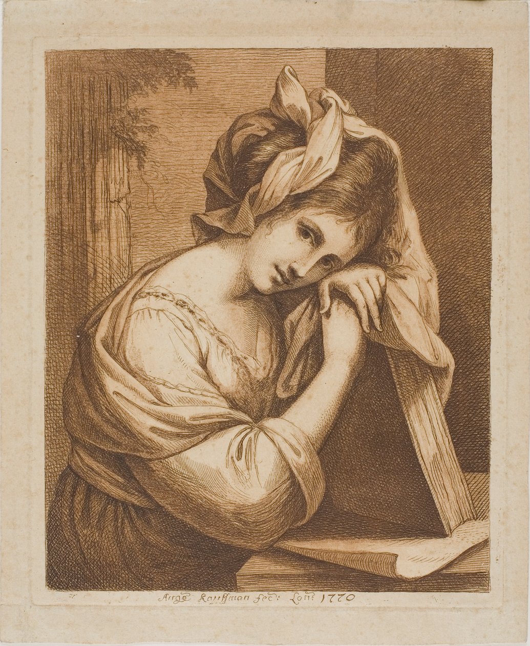 Mulher descansando a cabeça em um livro de Angelica Kauffmann
