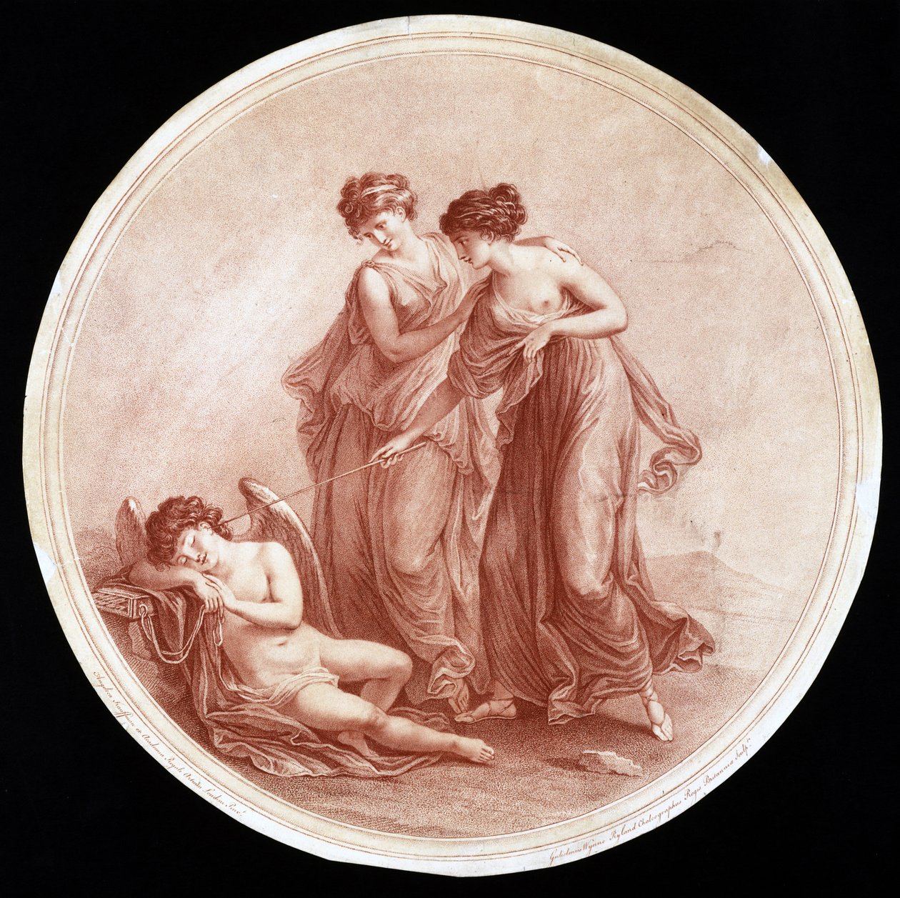Graças Despertar Cupido, gravado por William Wynne Ryland (1732-83) 1776 (gravura stipple vermelho) de Angelica after Kauffmann