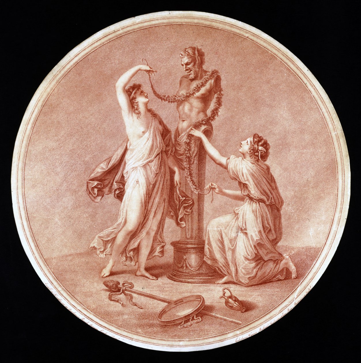 Ninfas, adornando uma estátua de Pan, gravada por William Wynne Ryland (1732-83) 1776 (gravura stipple vermelho) de Angelica after Kauffmann