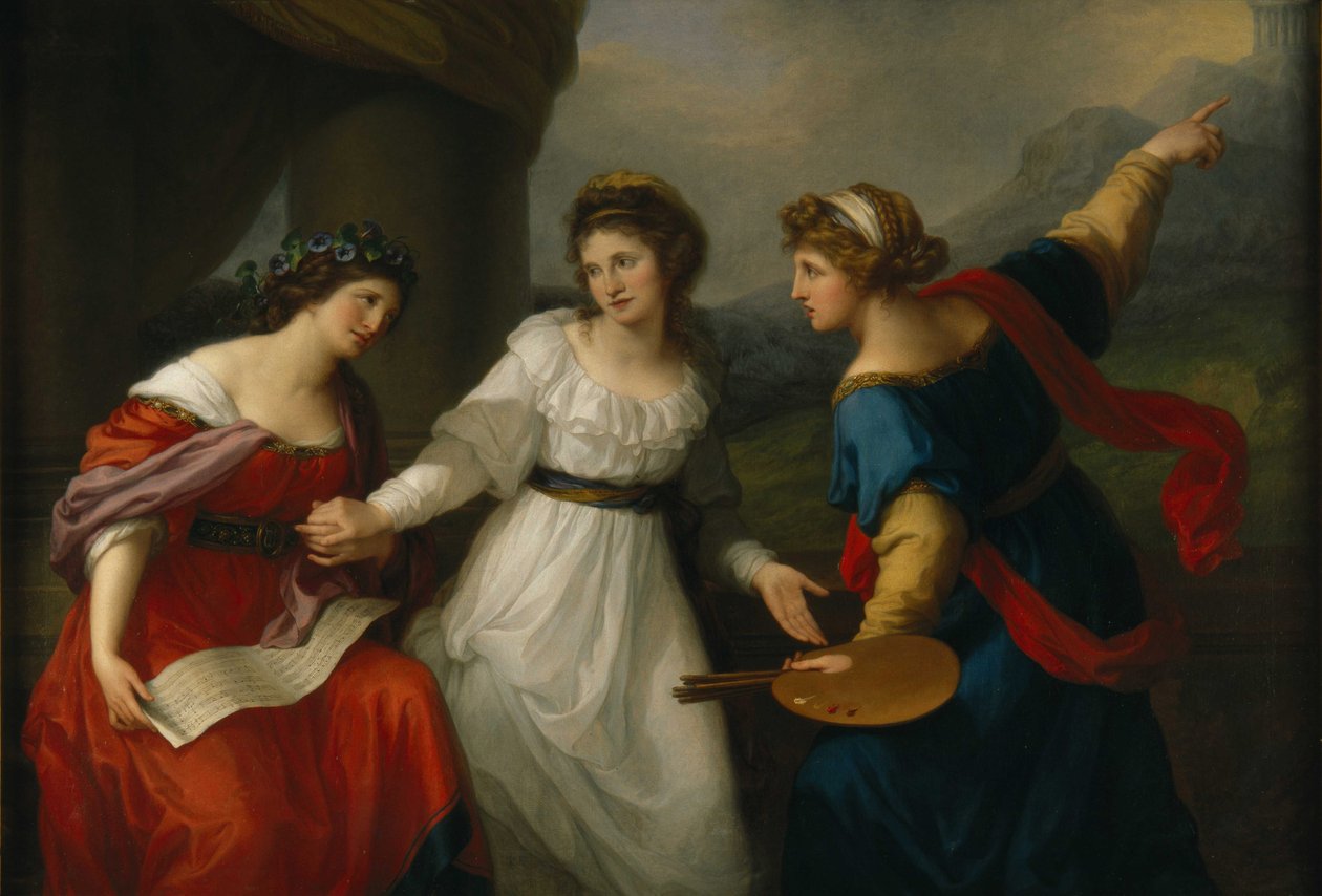 Auto-retrato do Artista hesitante entre as Artes da Música e da Pintura, 1794. de Angelica Kauffmann