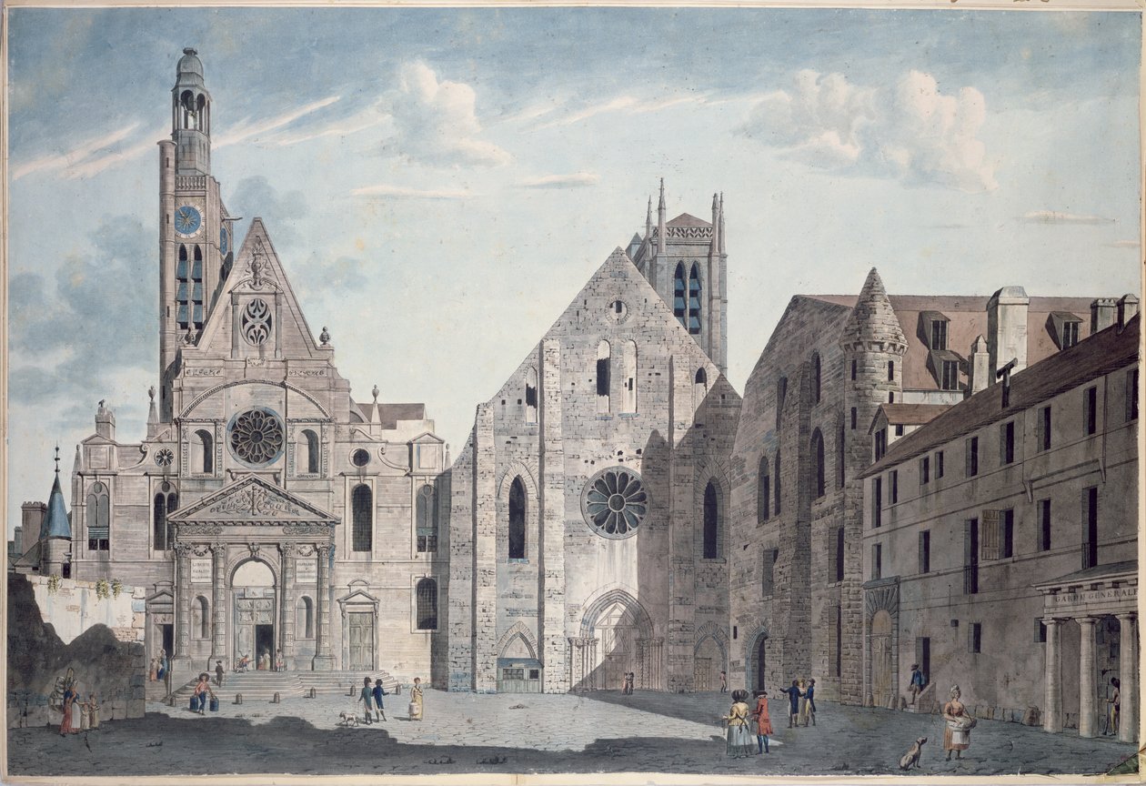 Fachadas das Igrejas de St. Genevieve e St. Etienne du Mont, Paris, c.1800 (caneta e tinta sobre papel) de Angelo Garbizza