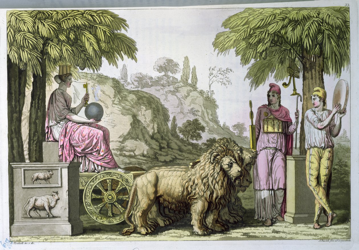 Cibele na sua carruagem e Attis, de &39;Le Costume Ancien ou Moderne&39; de Jules Ferrario, gravada por A. Biasioli, c.1820 (aquatint) de Angelo Monticelli