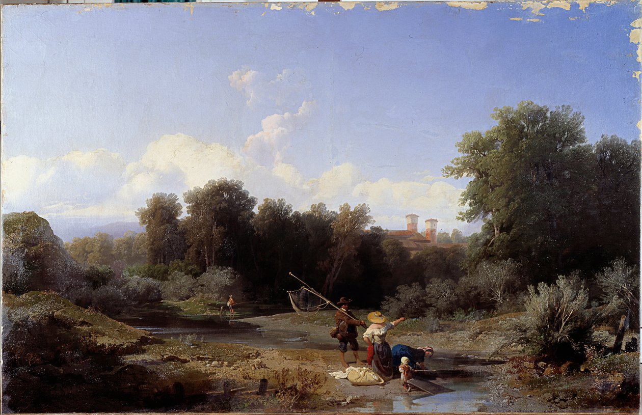 Paisagem ou "Fishing" (Pesca no rio) Pintura de Angelo Beccaria (1820-1897) 1855 Dim 94x146 cm Genes, Galleria d