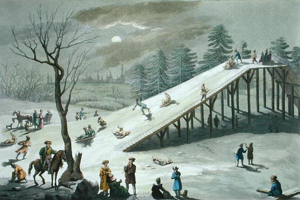 Deslizamento de neve num parque público russo, início do século XIX (gravura colorida) de Angelo Biasioli
