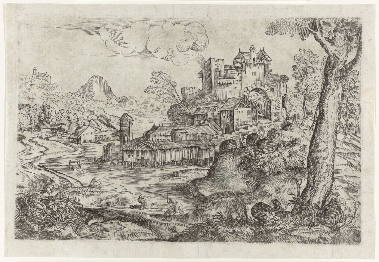 Paisagem com rio e castelo de Angelo Falconetto (attributed to)