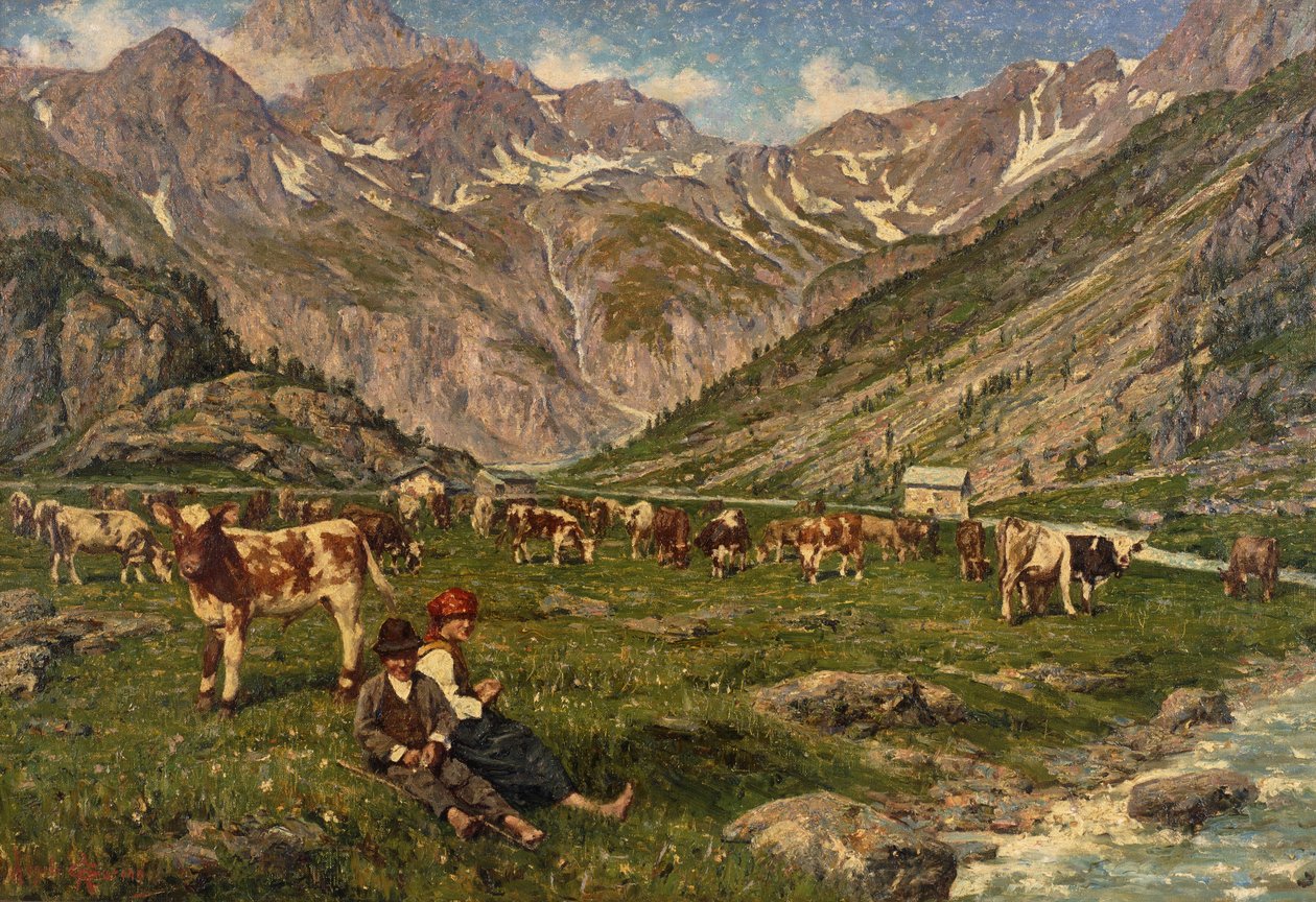 Cuidando das vacas (óleo sobre tela) de Angelo Garino