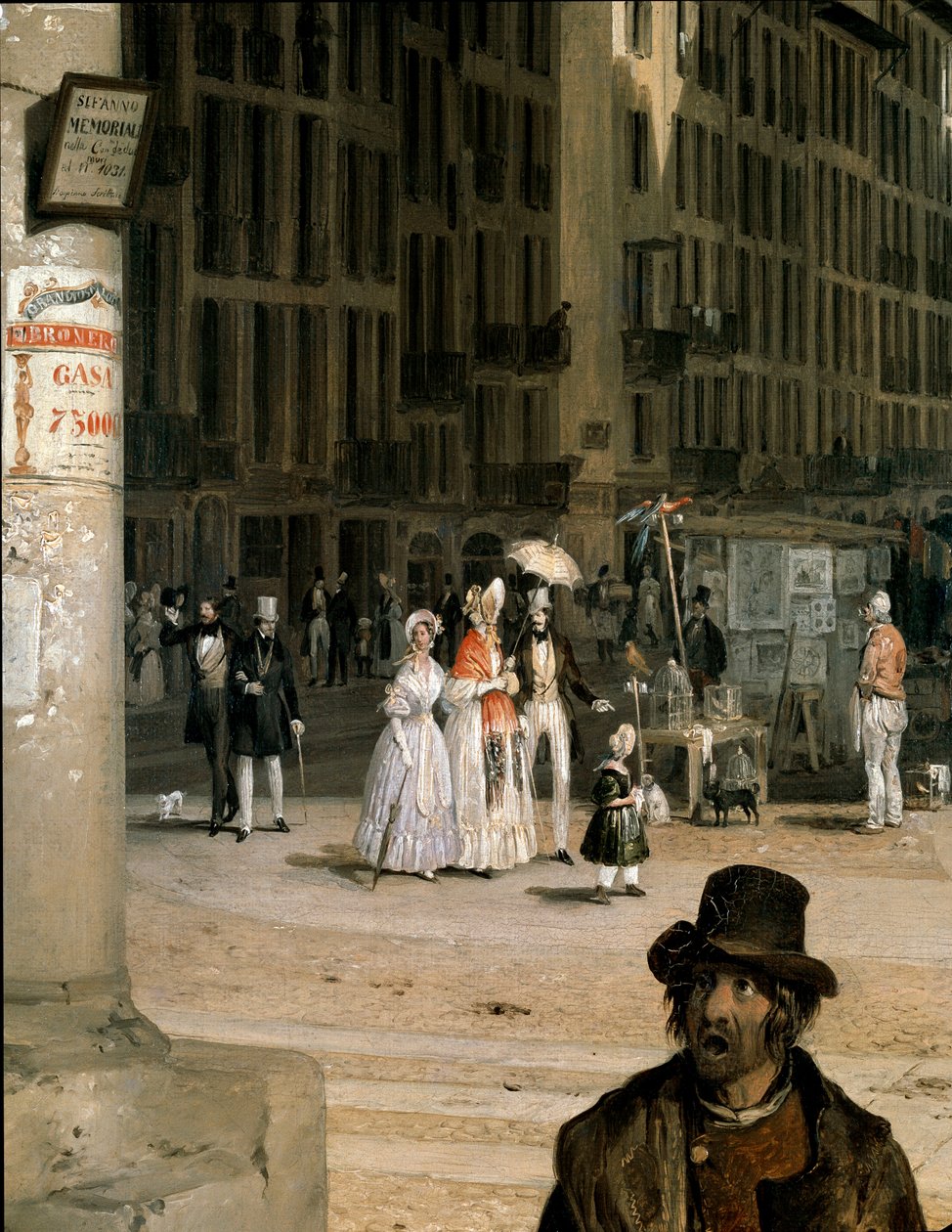 Marche de Figini em Milão (Piazza del Duomo com um canto do Coperto dei Figini) Detalhe - Pintura de Angelo Inganni (1807-1880) de Angelo Inganni