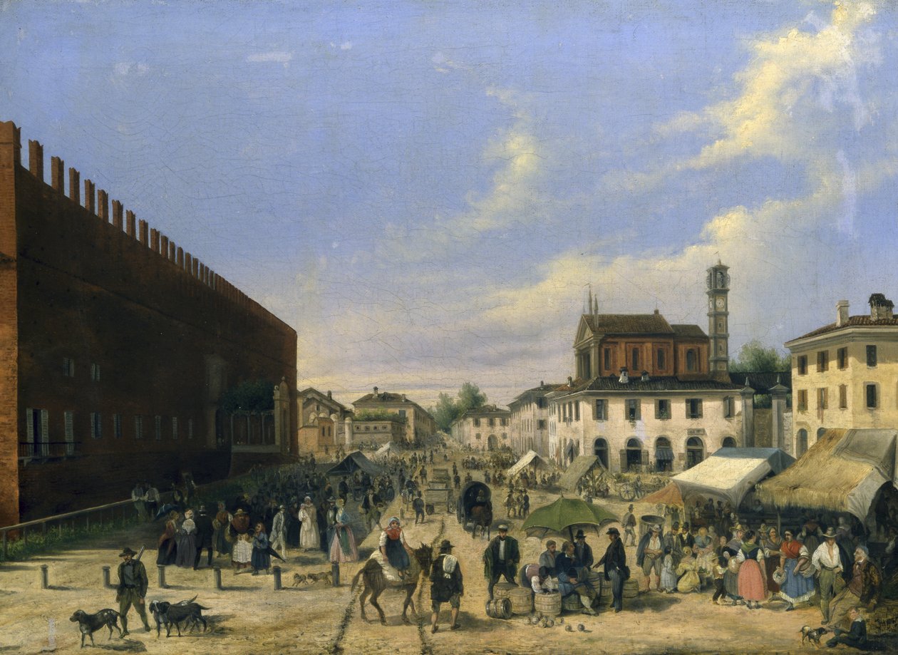 Praça do mercado em Belgioioso de Angelo Inganni