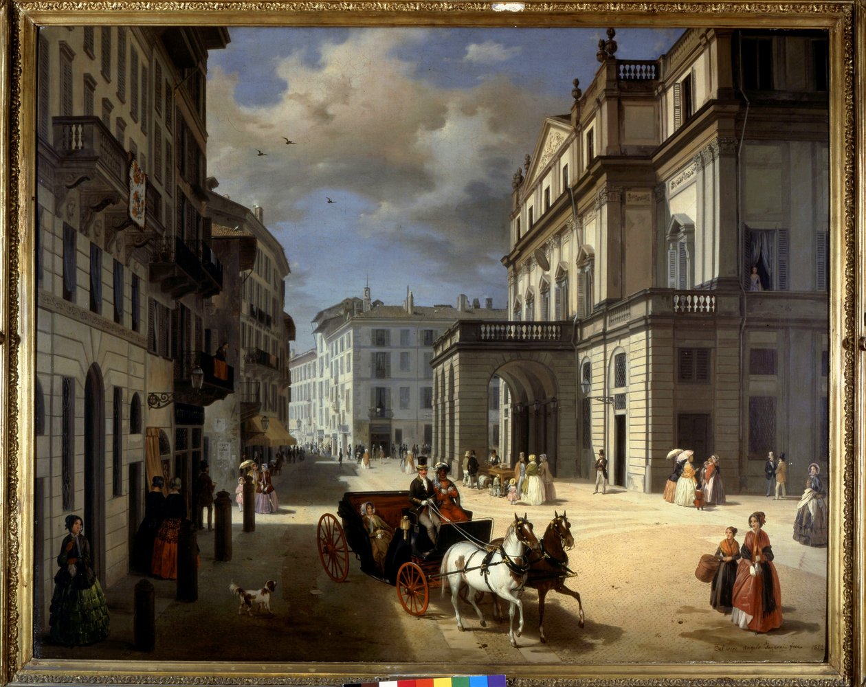 Representação da Plaza de la Scala em Milão por Angelo Inganni. Século XIX. Pinacoteca di Brera, Milão. de Angelo Inganni