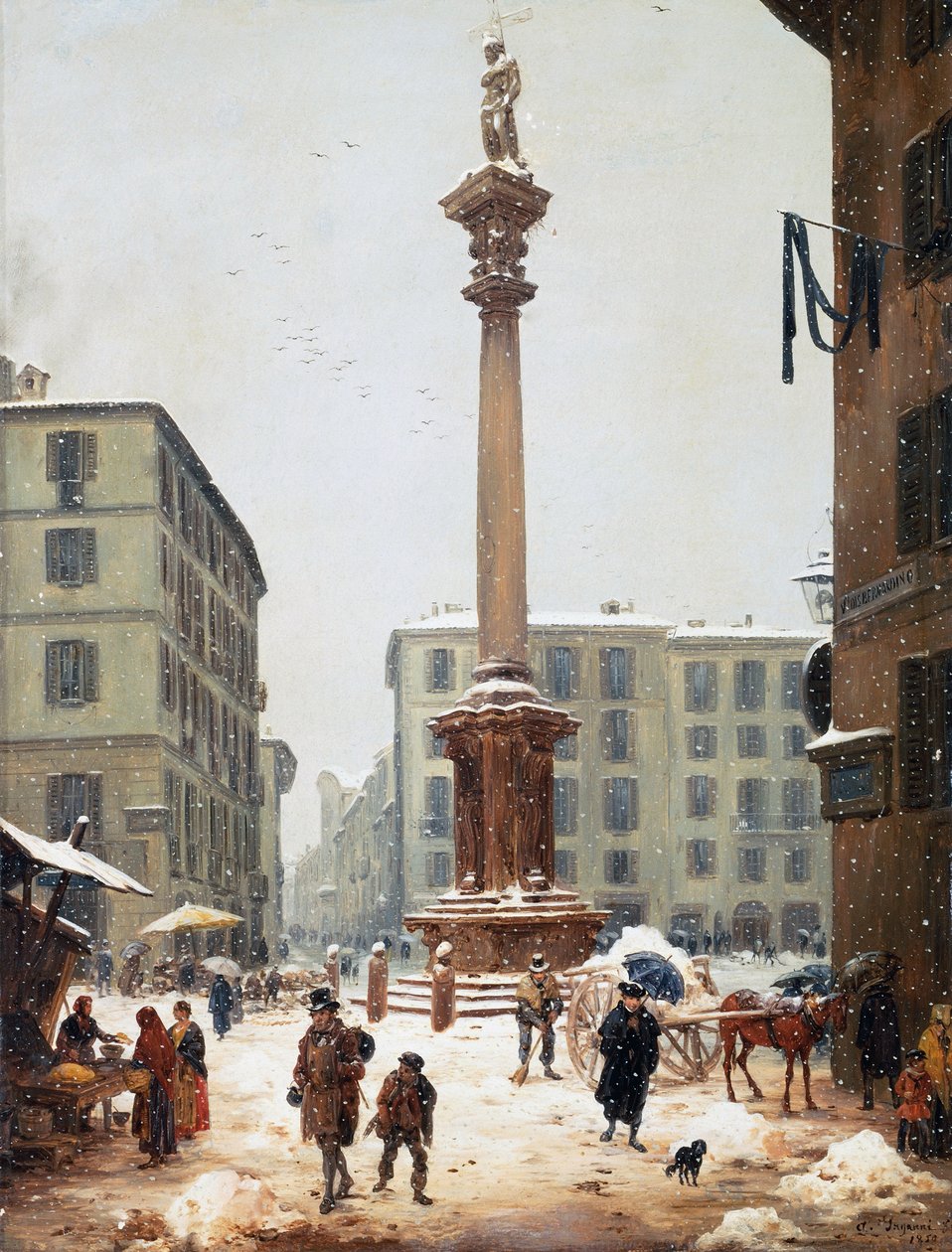 A coluna do Redentor em Verziere (mercado de mercearia) vista da antiga rua de San Bernardino em Milão de Angelo Inganni