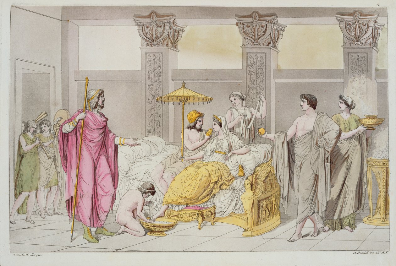 O casamento de Ulysses e Penelope, ilustração de Le Costume Ancien ou Moderne por Jules Ferrario, gravado por A. Biasoli, Milão 1821 (gravura a cores) de Angelo Monticelli