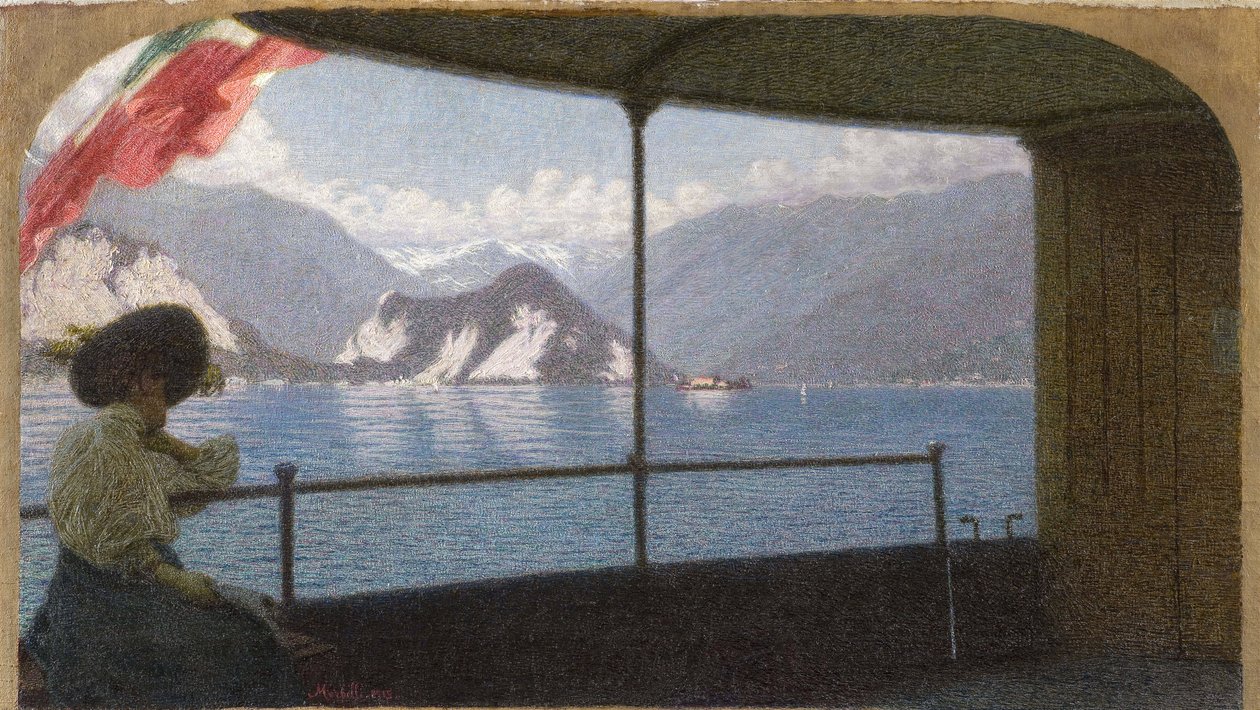 Um Barco no Lago Maggiore - Angelo Morbelli (1853-1919). Óleo sobre tela de Angelo Morbelli