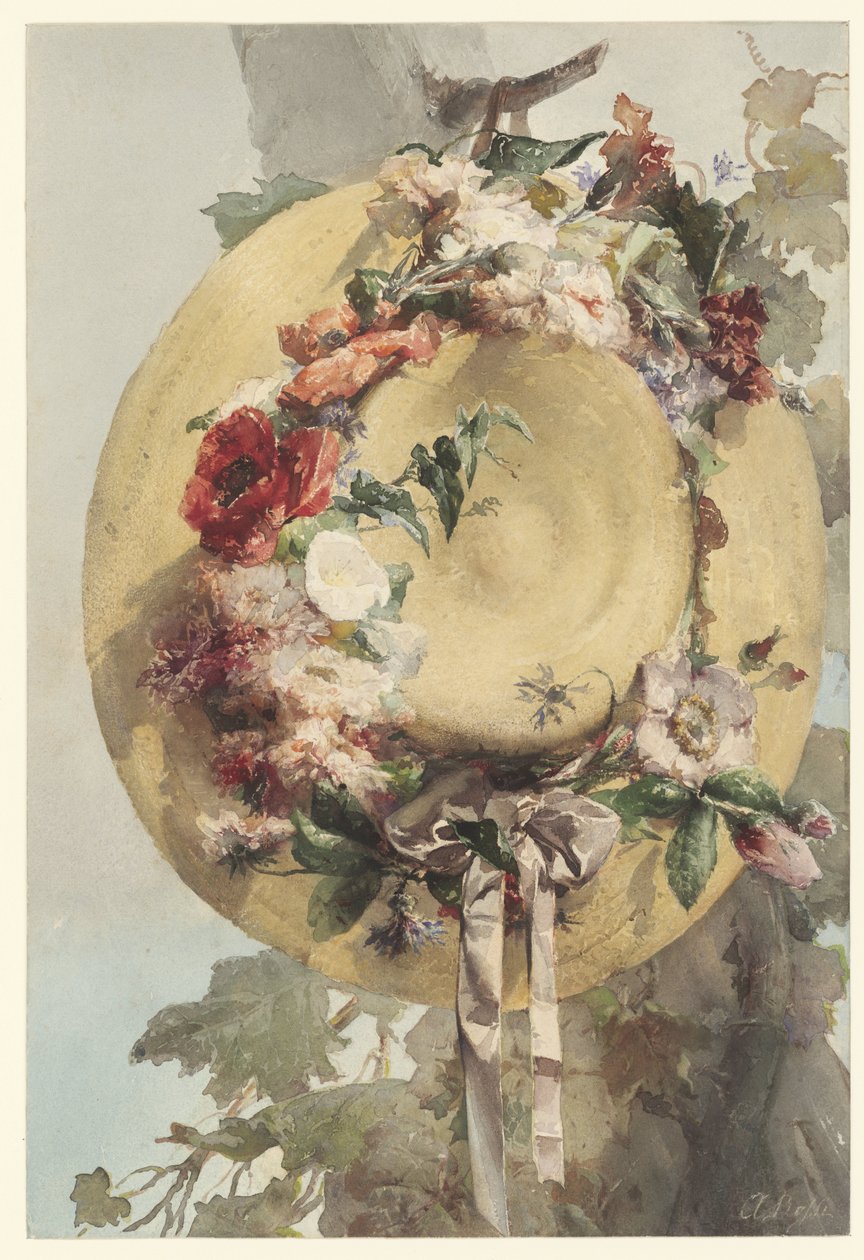 Chapéu de palha com rosas, cravos e flores de milho de Angelo Rossi
