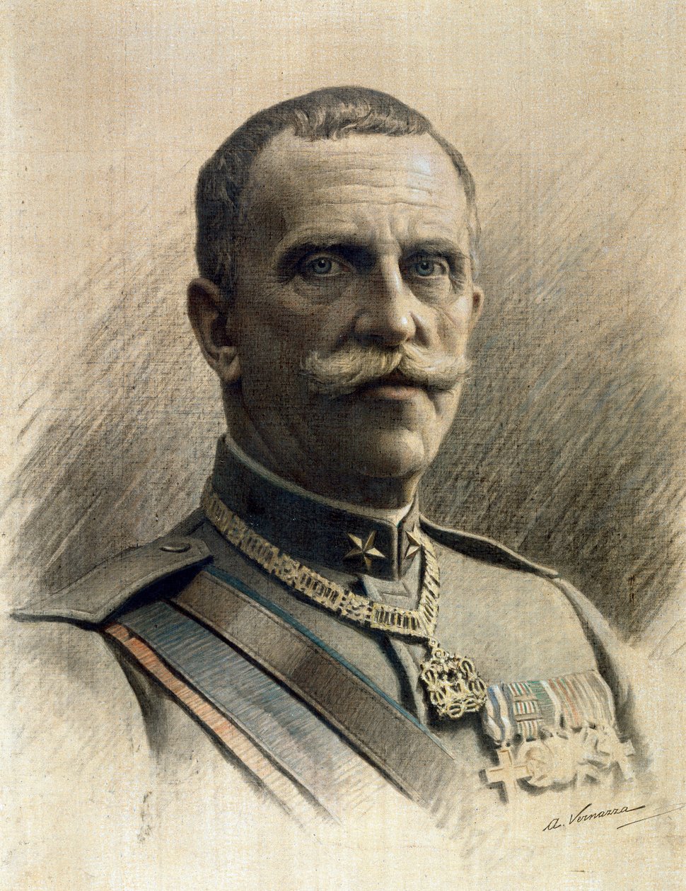 Retrato do Rei da Itália Vittorio Emanuele III (Victor Emmanuel III) (1869-1947) Desenho de Angelo Vernazza (1869-1937) Dim. 97x70 cm Genes Nervi, Galleria d