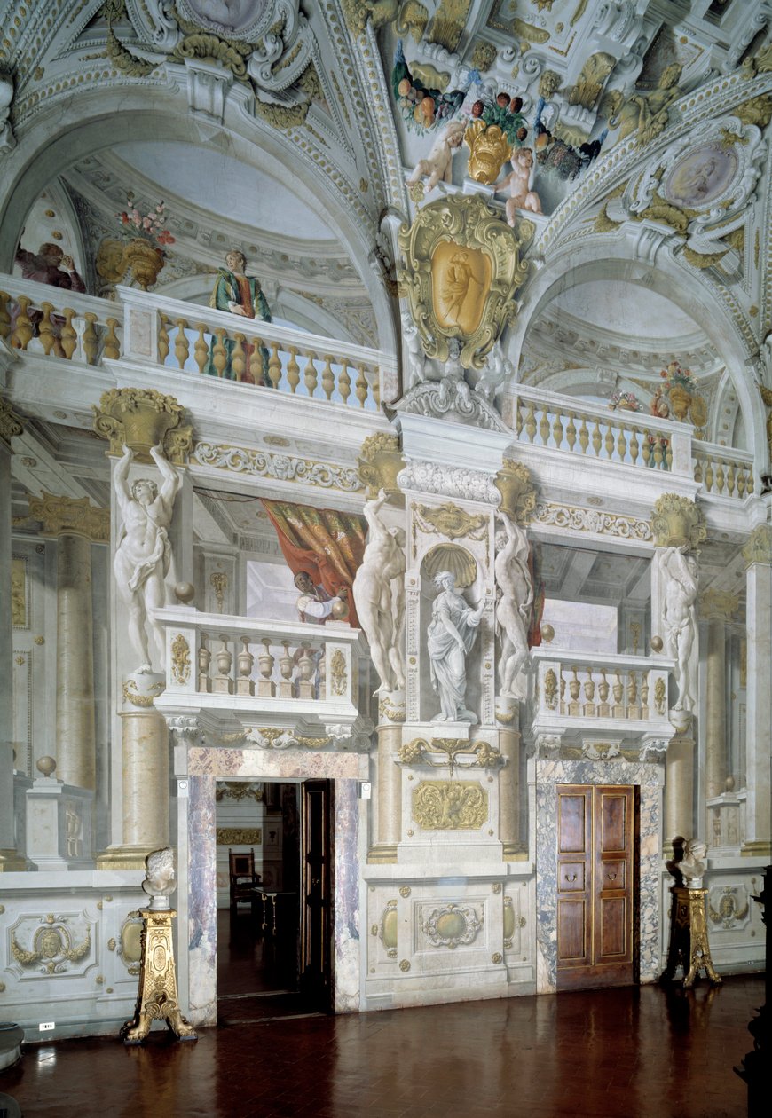 Vista interna de uma sala de reuniões oficial decorada com frescos de Angelo Michele Colonna e Agostino Mitelli de Angelo and Mitelli Agostino Colonna
