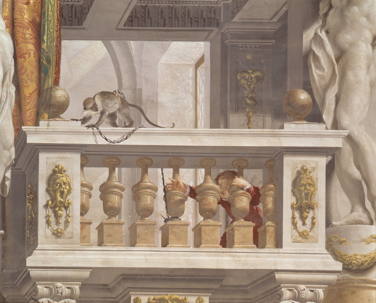 Sala de recepção do grão-duque, detalhe do teto representando um macaco e menino em uma balaustrada, 1638-44 de Angelo and Mitelli Colonna