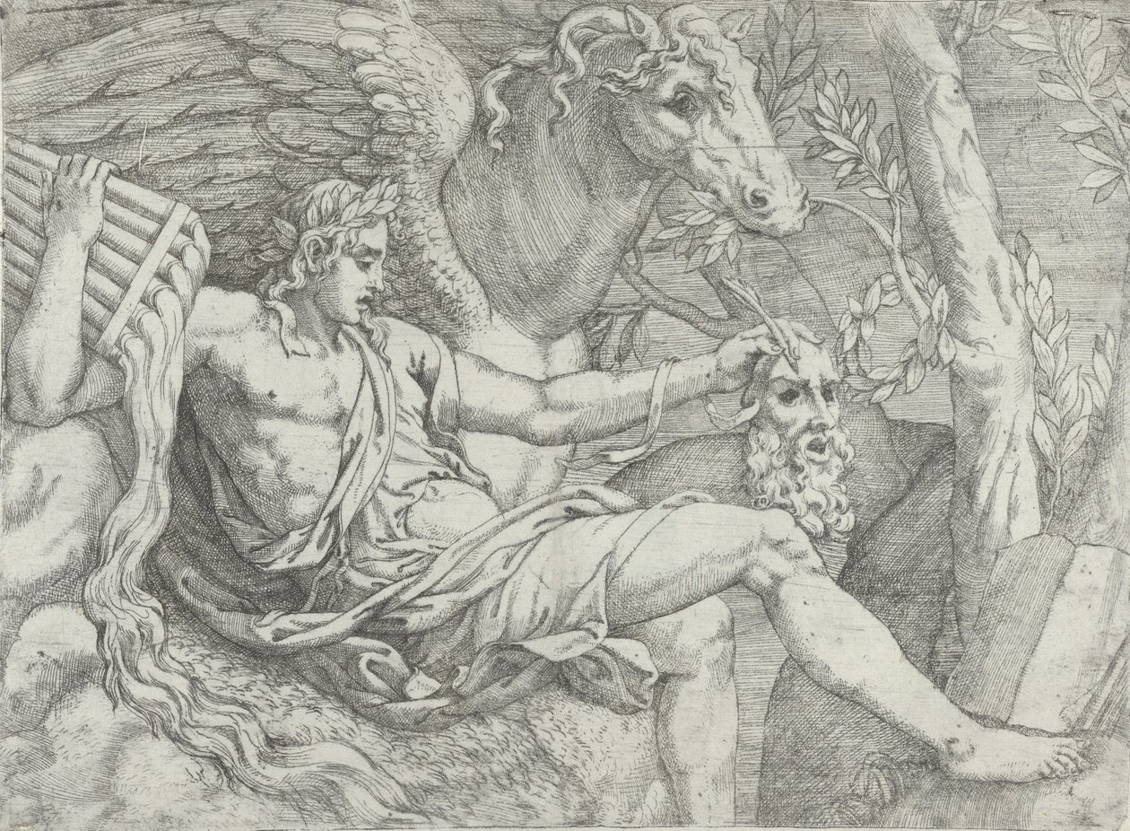 Apolo segurando cachimbos na mão direita acompanhado por Pegasus, 1556-60. de Angiolo Falconetto