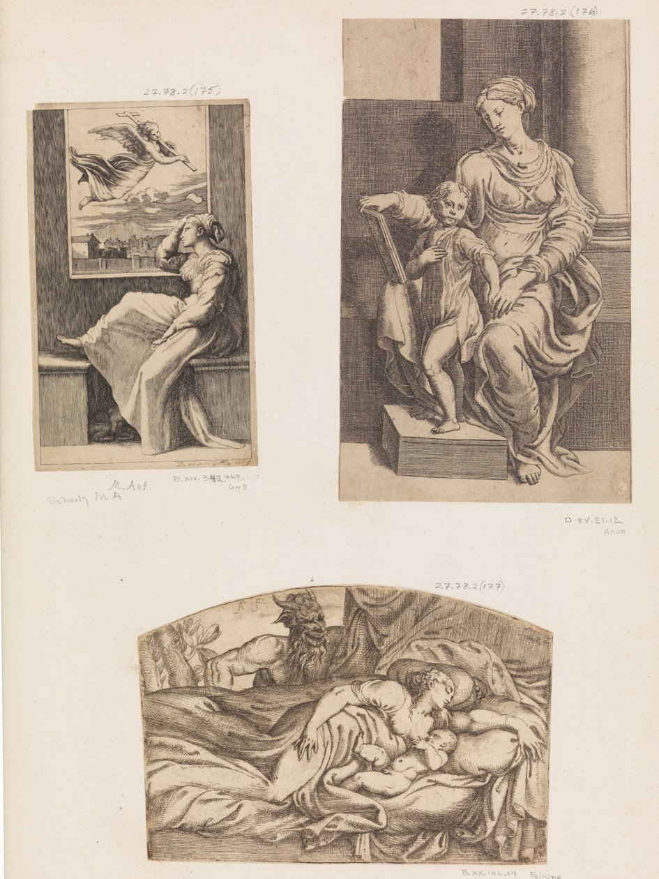 Mulher e anjo, virgem e criança, sátiro observando uma jovem mãe e criança dormindo, 1555-1567. de Angiolo Falconetto