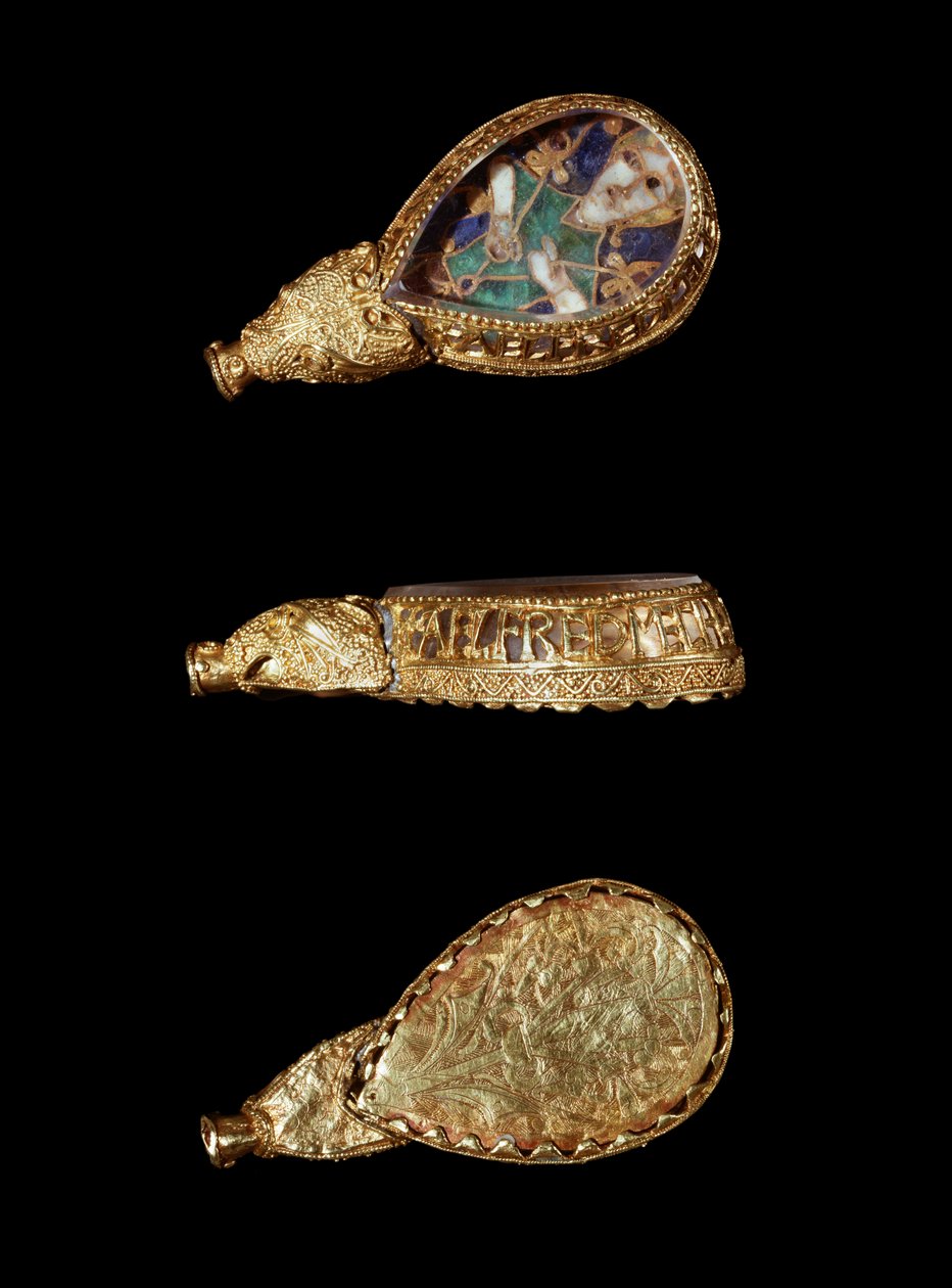 The Alfred Jewel (ouro, cristal de rocha e esmalte) de Anglo Saxon