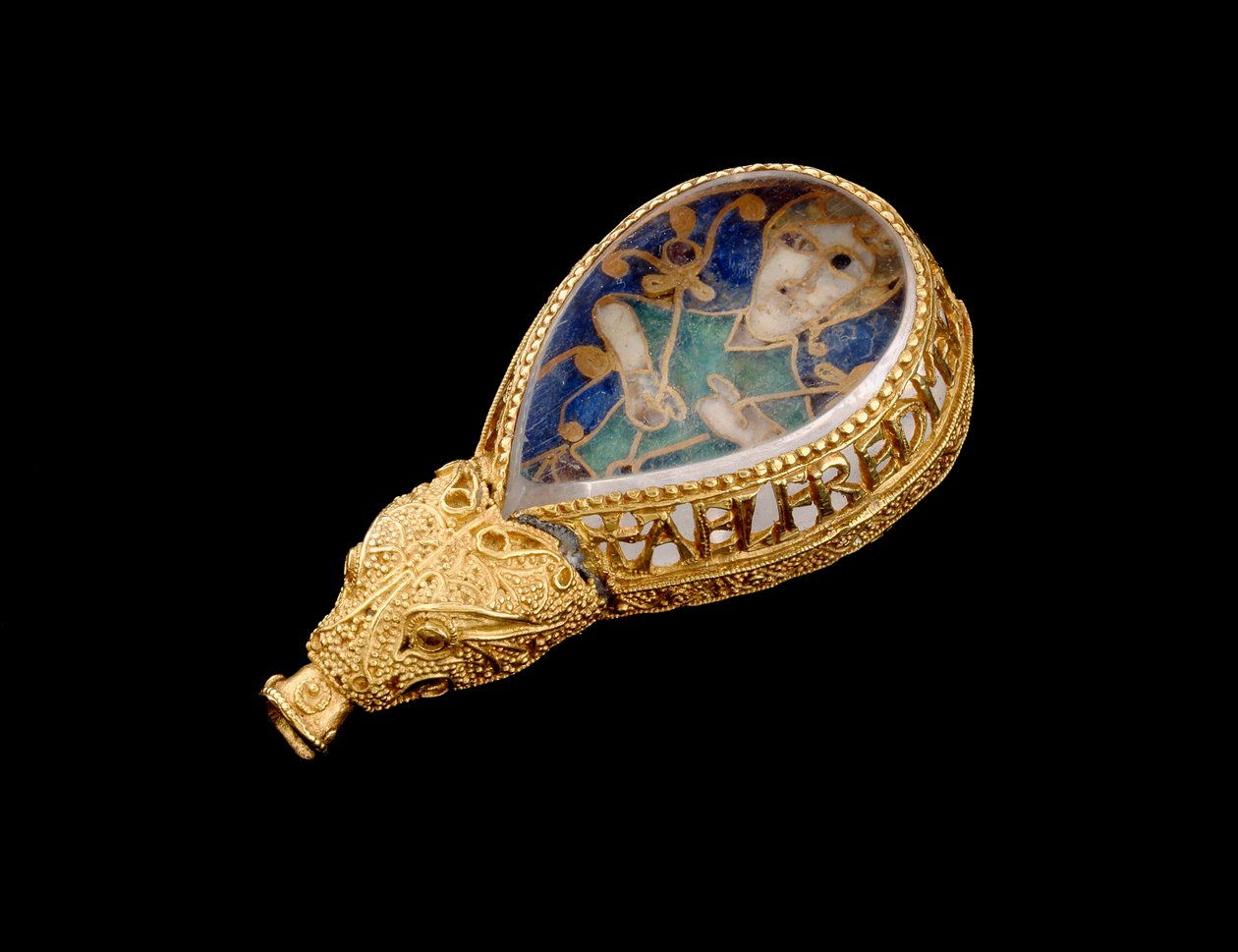 The Alfred Jewel (ouro, cristal de rocha e esmalte) (vista lateral) de Anglo Saxon