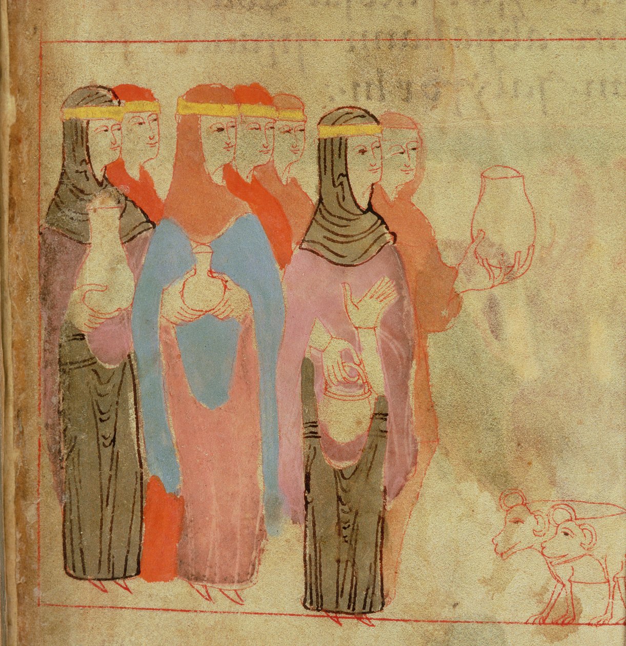 Cott Claud B IV f.76 Mulheres com fitas de cabeça de ouro, do Pentateuco Aelfric, de Santo Agostinho, Canterbury de Anglo Saxon