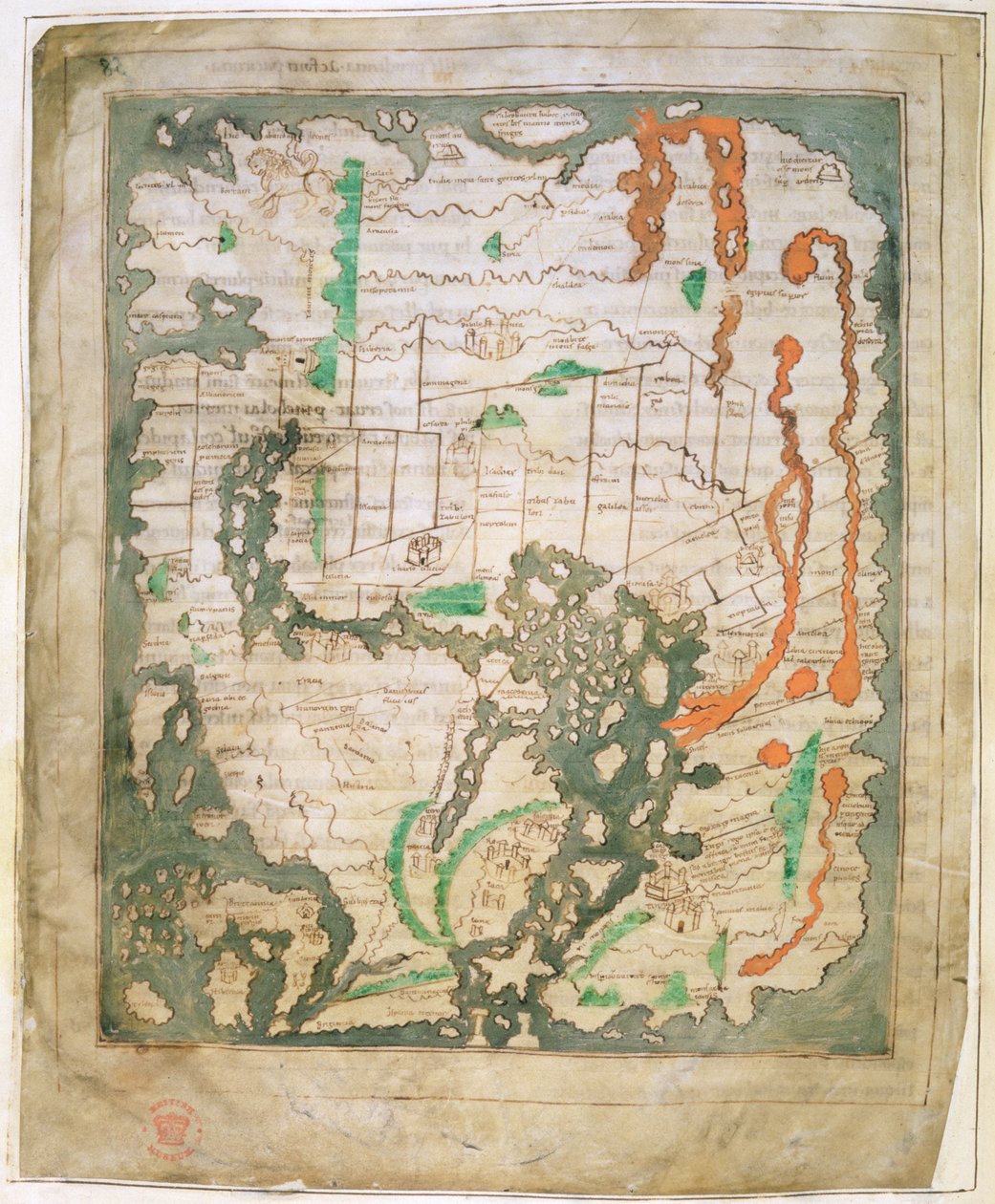 Cott Tib B V Parte 1 f.56v Mapa rectangular do Mundo, c.1030 (vellum) de Anglo Saxon