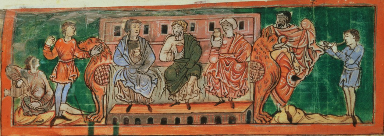 Cott Tib B V f.4v Aristocratas, na véspera de Domesday, de um Calendário, c.1030 (vellum) de Anglo Saxon