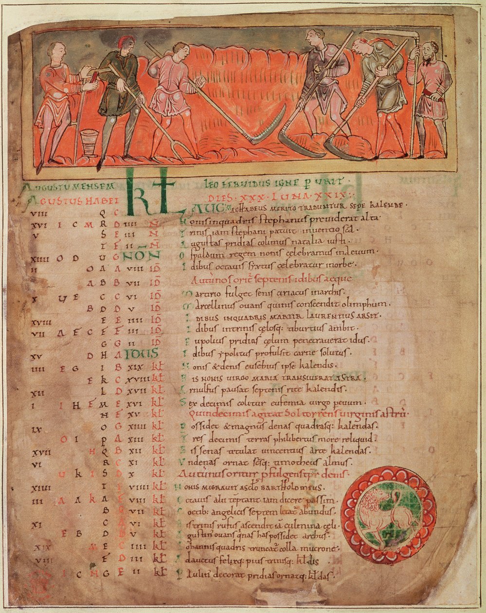 Cott Tib B V f.6v Colheita, de um Calendário, c.1030 (vellum) (para detalhes ver 61654) de Anglo Saxon