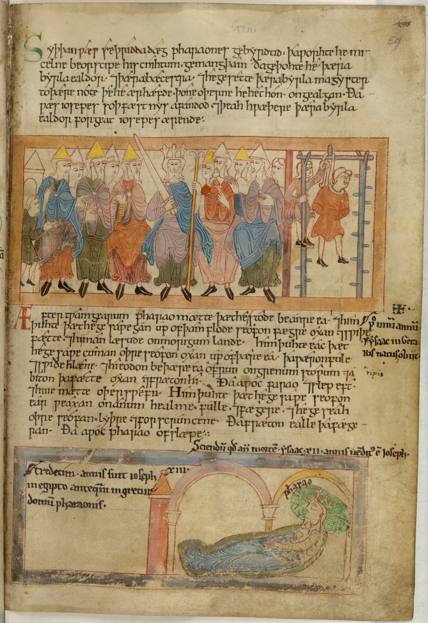 Cotton Claudius B. IV, f.59 Faraó manda enforcar seu padeiro-chefe, pergaminho de Anglo Saxon